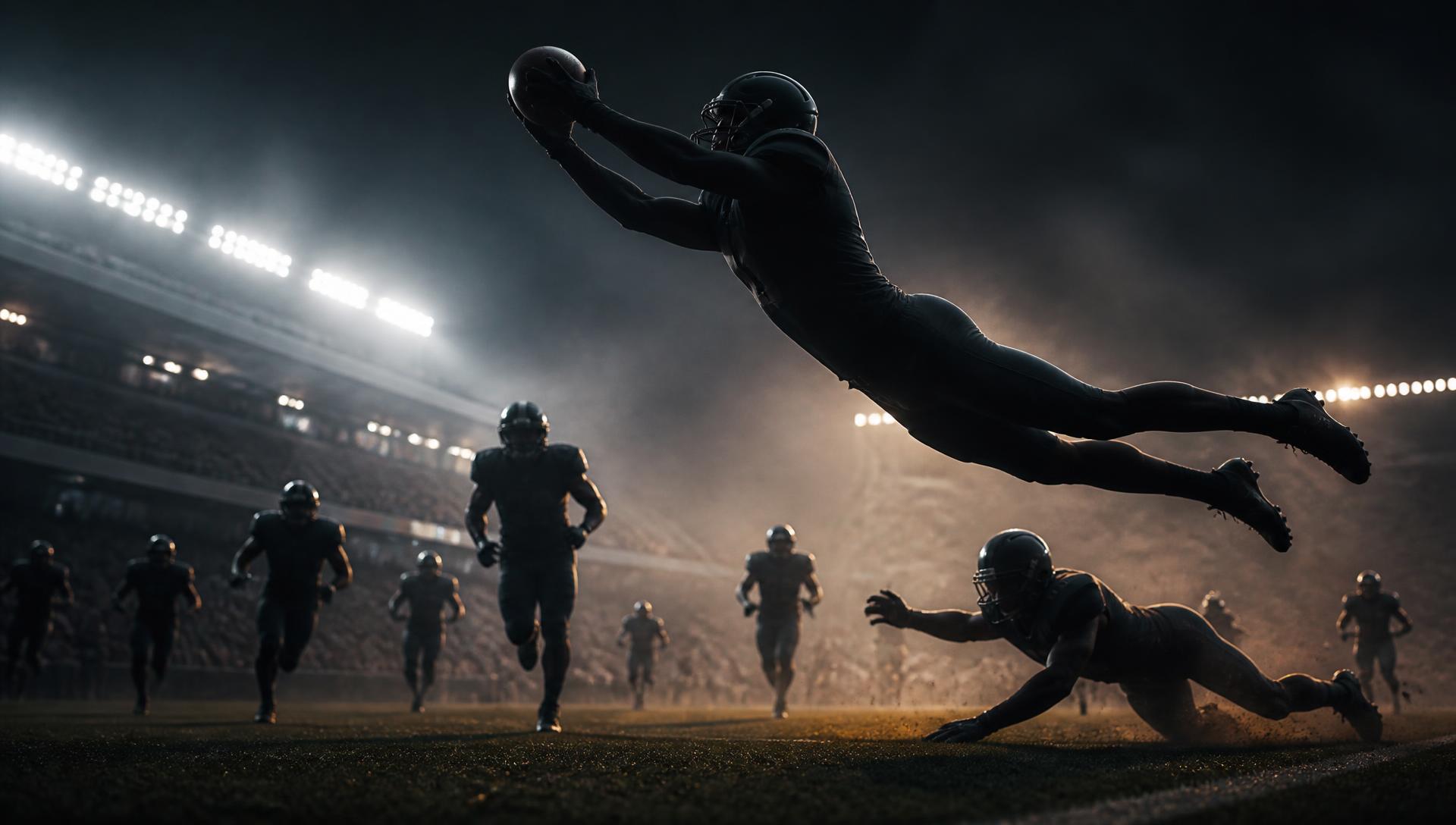 Football player making a diving catch under stadium lights